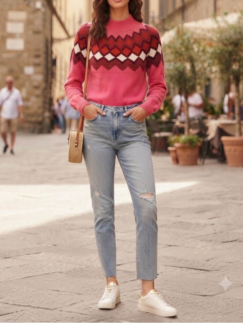 Ann Taylor Pink Fair Isle Argyle Knit Sweater Mock Neck Long Sleeve Wool Mix❤️
